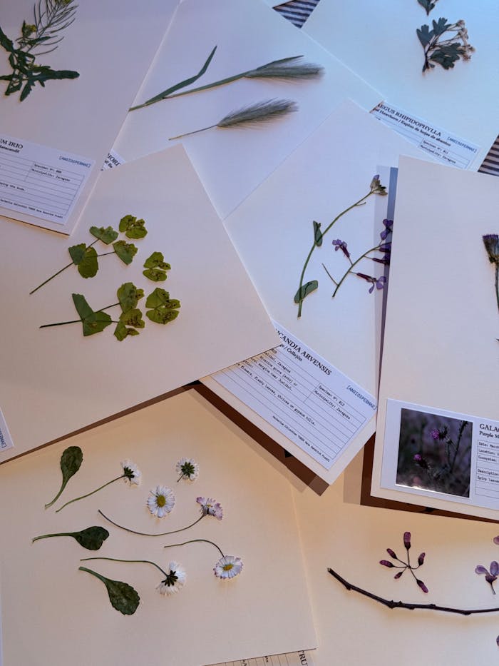 A collection of herbarium sheets displaying various pressed plant specimens for botanical study.